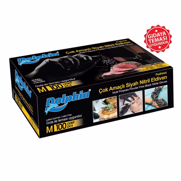 L Beden Dolphin Gıdaya Uygun Pudrasız Siyah Nitril Eldiven (100 Adet/Kutu)